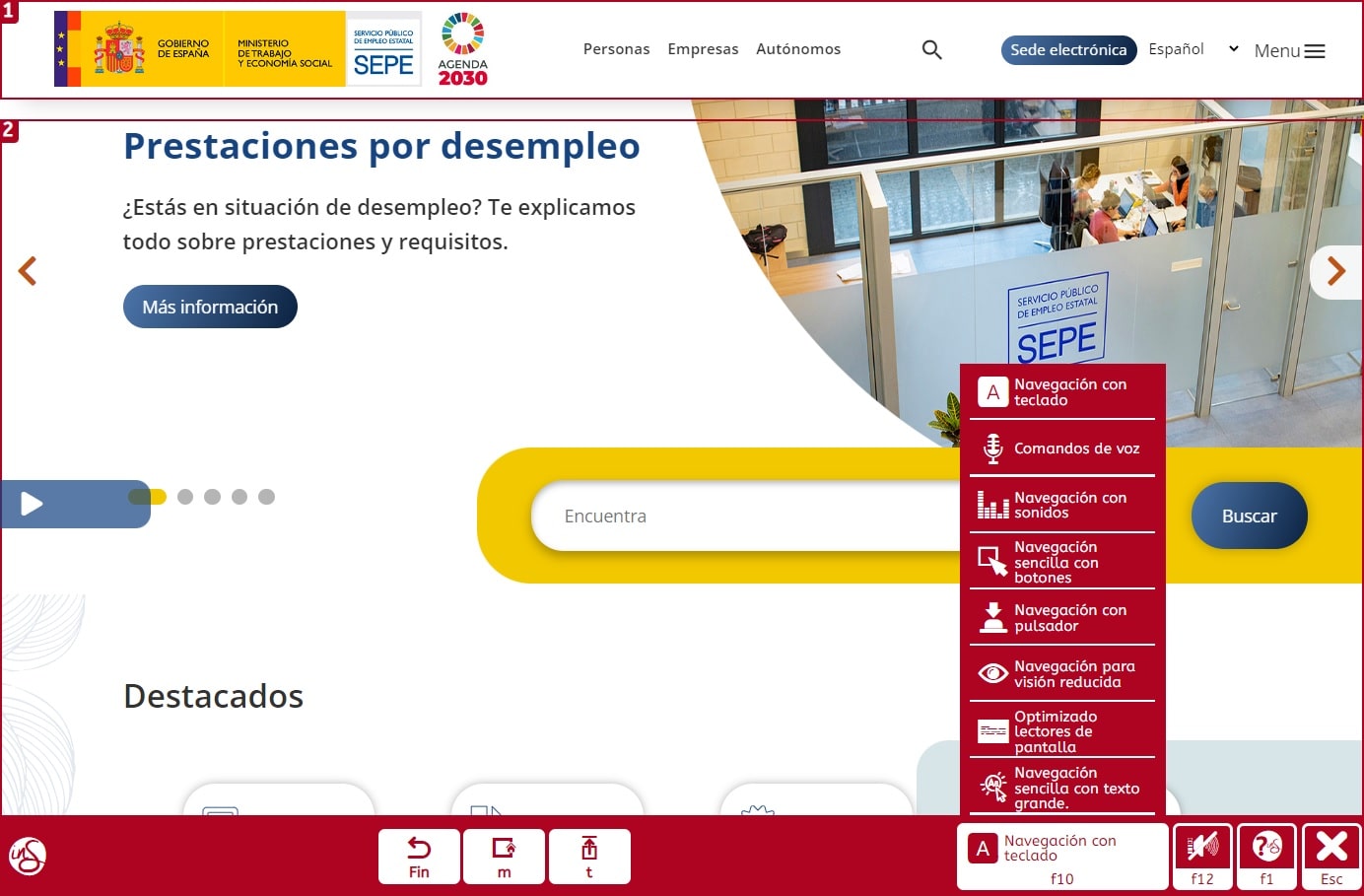 captura de pantalla de la web del sepe con la plataforma de accesibilidad insuit tools activada